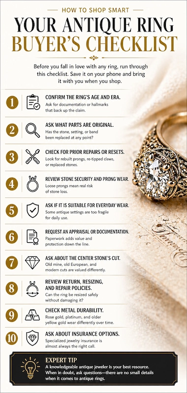Antique ring buyer checklist infographic with 10 tips on age, originality, repairs, prongs, appraisal, cut, sizing and insurance