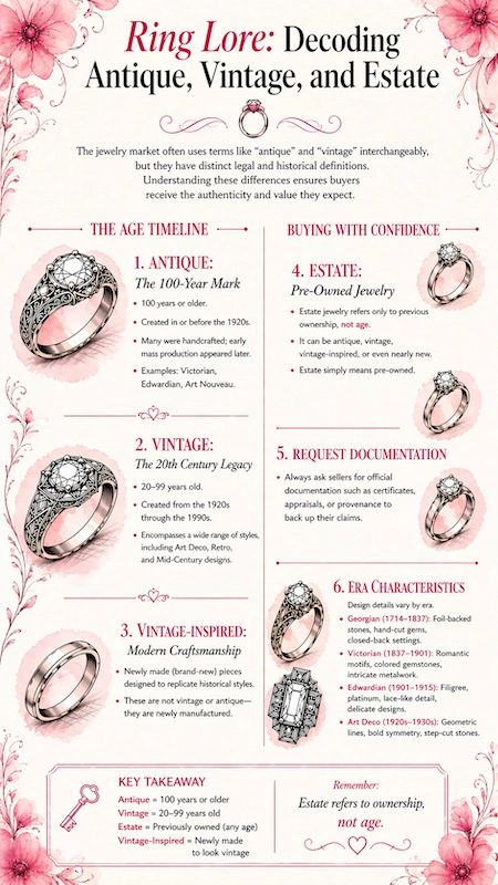 Infographic explaining antique, vintage, and estate rings with timeline, definitions, and era characteristics in pink floral design