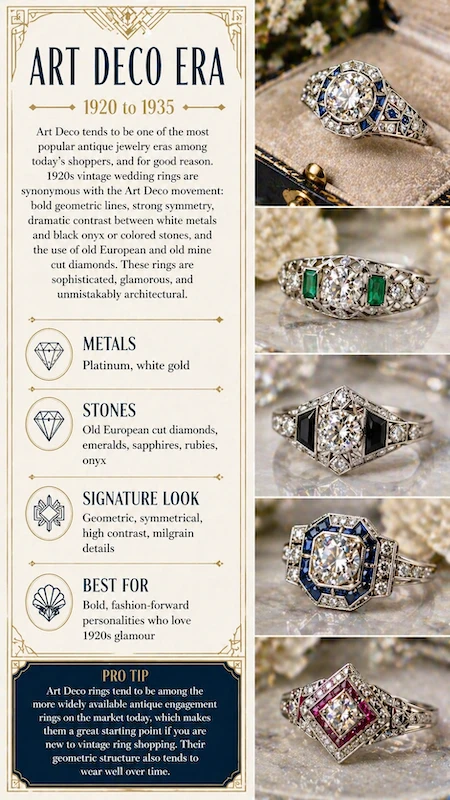 Art Deco engagement ring infographic with geometric designs, platinum settings, diamonds, emeralds, sapphires and onyx