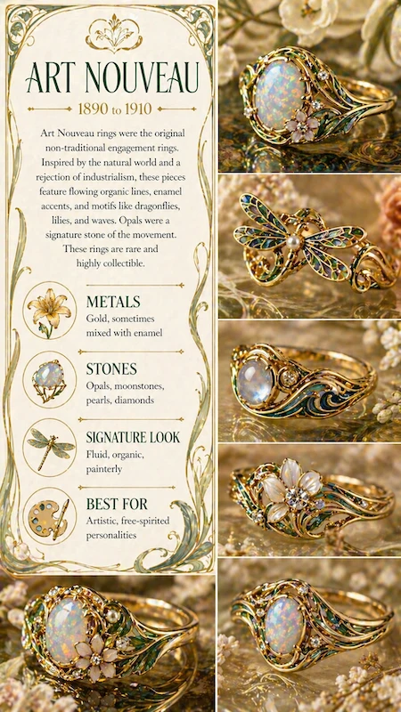 Art Nouveau engagement ring infographic with opals, enamel details, floral motifs, flowing gold lines and nature designs