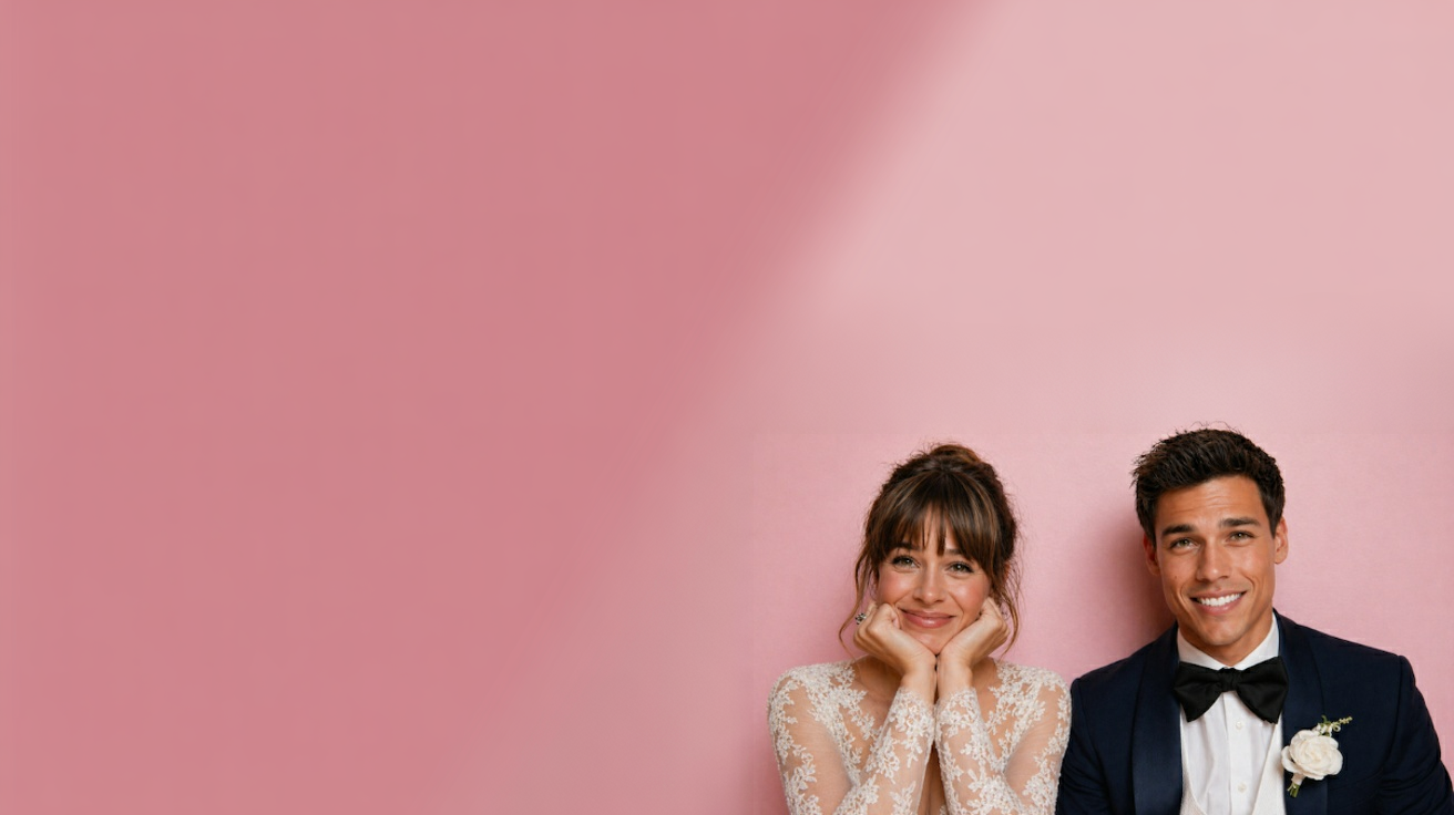 Bride in lace gown and groom in navy tuxedo smiling on right side of pink backdrop, clean modern wedding portrait style
