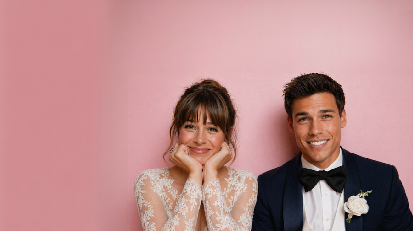 Bride in lace wedding dress and groom in navy tuxedo smiling at camera on pink backdrop, modern romantic wedding portrait