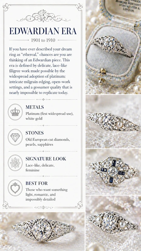 Edwardian era engagement ring infographic with platinum filigree, lace-like details, old European diamonds and pearls