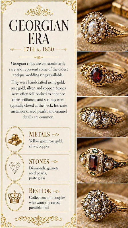 Georgian era antique ring infographic with gold metals, foil-backed stones, seed pearls, garnets and ornate vintage designs