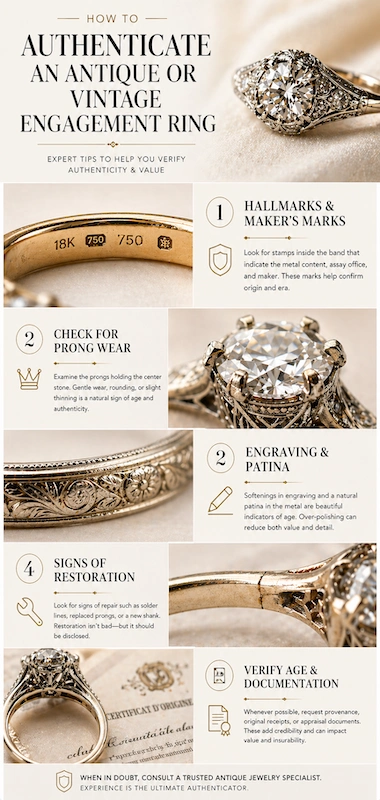 Infographic on authenticating antique engagement rings with hallmarks, prong wear, engraving, restoration signs and documents