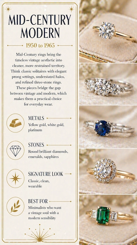 Mid-century modern engagement ring infographic with solitaire diamonds, clean settings, gold and platinum bands, sapphires