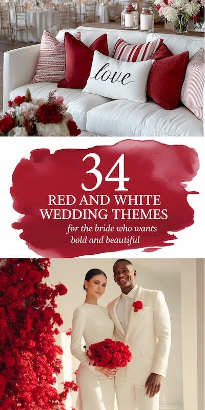 Elegant red and white wedding theme with modern lounge seating, bold florals, and a stylish couple in a romantic setting