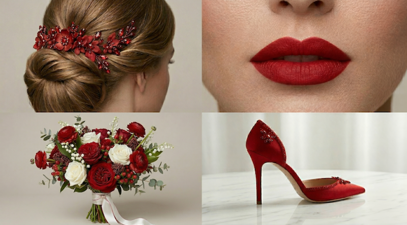 Red and white wedding details featuring bridal bun with red hairpiece, bold red lips, rose bouquet, and red high heel