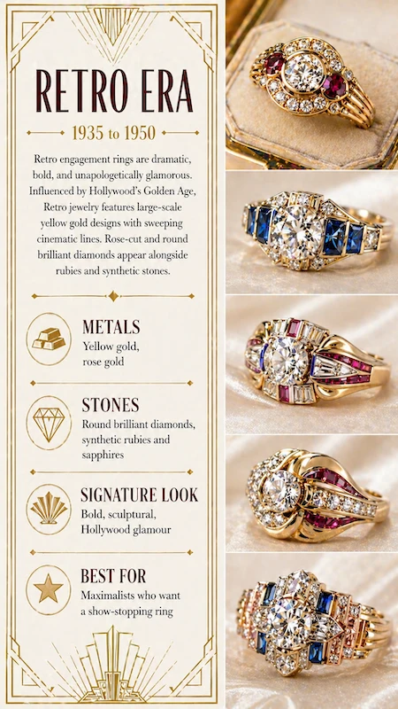Retro era engagement ring infographic with bold gold designs, round diamonds, rubies, sapphires and Hollywood glamour style