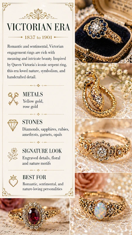Victorian era engagement ring infographic with floral designs, serpent motif, gold bands, diamonds, sapphires, and opals