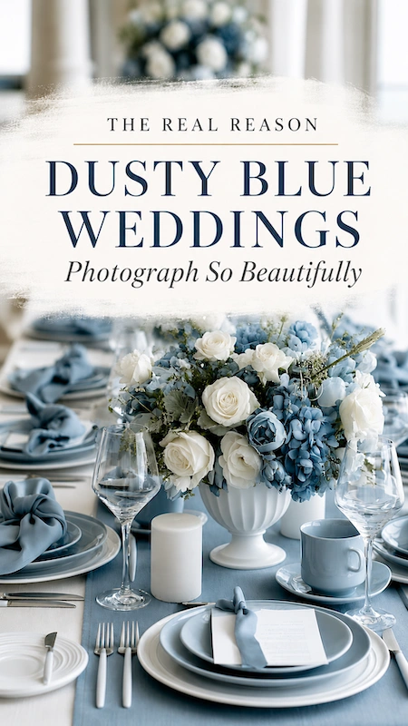 Dusty blue wedding tablescape with blue hydrangeas, white roses, layered plates, and elegant editorial reception styling