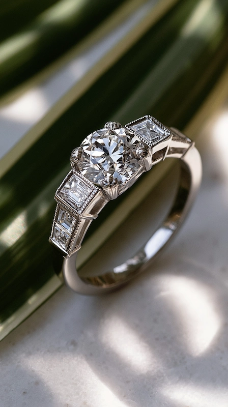 Art Deco diamond engagement ring with round center and geometric side stones on marble, set against green leaf backdrop