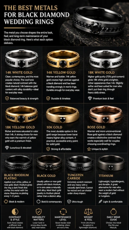 Infographic comparing the best metals for black diamond wedding rings, including gold, titanium, and tungsten