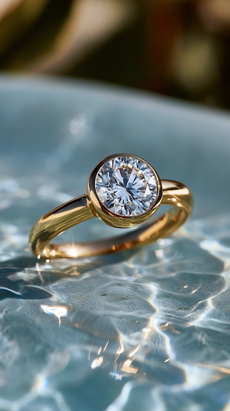 Bezel set round diamond engagement ring in yellow gold on water surface, sunlit reflections creating a modern, radiant look