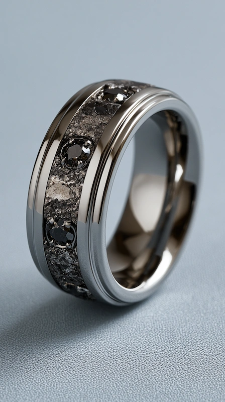 Black diamond men’s wedding band with meteorite inlay and polished edges on a soft gray luxury backdrop scene