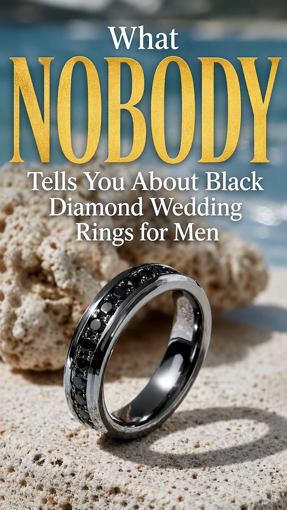 Pinterest pin featuring black diamond wedding ring for men with bold editorial typography and luxury beach backdrop
