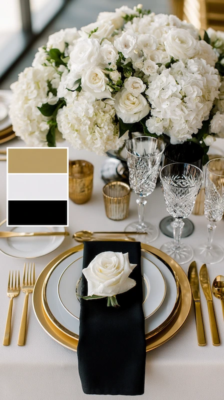 Wedding color palettes: 25 combinations that actually work 4 Black, white, and gold wedding tablescape with ivory hydrangeas, crystal stemware, and elegant formal styling