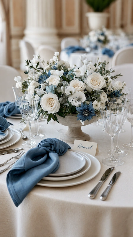 Elegant blue and white wedding reception table with dusty blue napkins, white roses, and crystal glassware décor