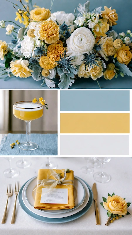 Wedding color palettes: 25 combinations that actually work 19 Blue and yellow wedding palette with ranunculus, gold flatware, pastel tablescape, and elegant cocktail styling