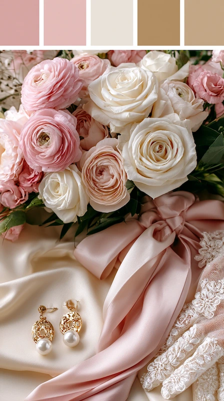 Wedding color palettes: 25 combinations that actually work 1 Blush pink and ivory wedding details with roses, satin ribbon, pearl earrings, lace gloves, and romantic styling