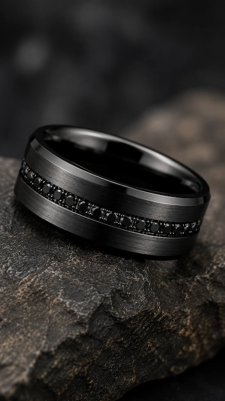 Brushed black men’s wedding band with channel-set black diamonds on rugged stone in a dramatic luxury close-up