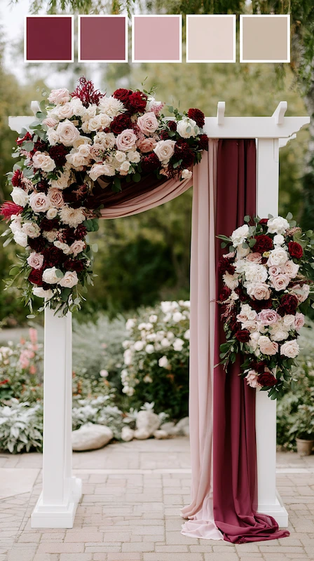 Wedding color palettes: 25 combinations that actually work 3 Burgundy and blush wedding ceremony arch with cascading florals, draped fabric, and romantic garden backdrop