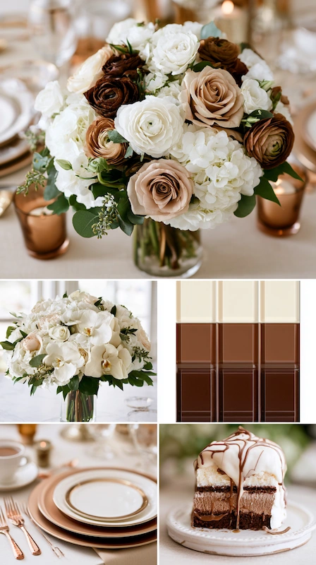 Wedding color palettes: 25 combinations that actually work 23 Chocolate brown and ivory wedding palette with caramel roses, layered cake, rose gold accents, and elegant florals