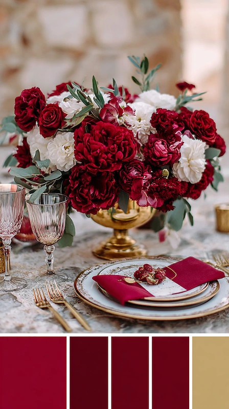 Wedding color palettes: 25 combinations that actually work 11 Deep red and ivory wedding tablescape with lush florals, gold accents, crystal glassware, and romantic styling