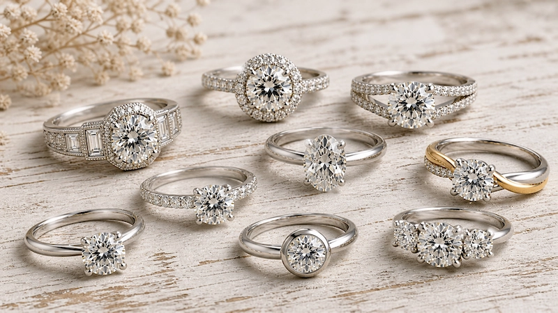 Assorted diamond engagement rings on whitewashed wood table, close-up editorial display with soft light and rustic texture