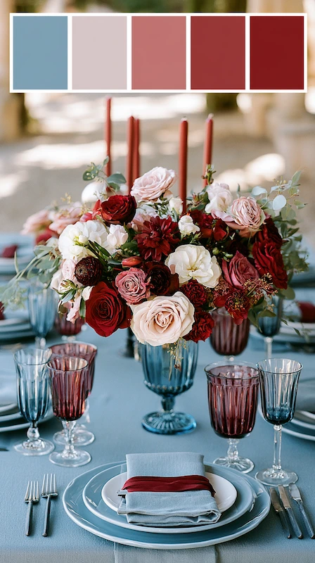 Dusty blue and burgundy wedding tablescape with red florals, blue goblets, candles, and romantic color palette