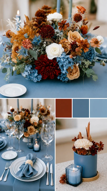 Dusty blue and burnt orange wedding tablescape with autumn florals, candles, and seasonal color palette inspiration