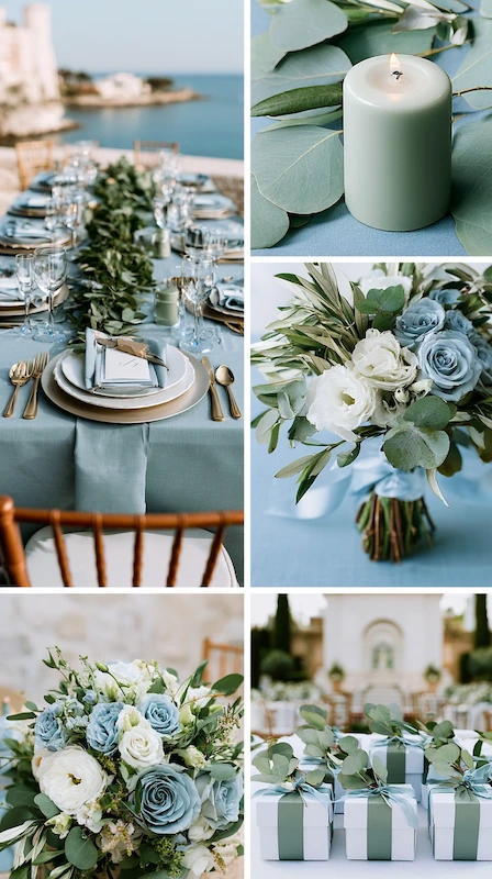 Dusty blue and greenery wedding inspiration board with bouquets, candles, favors, and elegant coastal tablescape