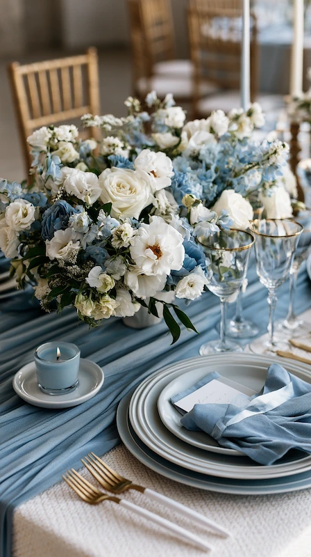 Dusty blue and white wedding tablescape with layered plates, soft blue linens, candles, and romantic floral centerpieces
