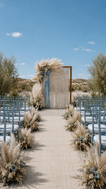 Dusty blue boho wedding ceremony aisle with pampas grass florals, macramé arch, and blue chiavari chairs outdoors