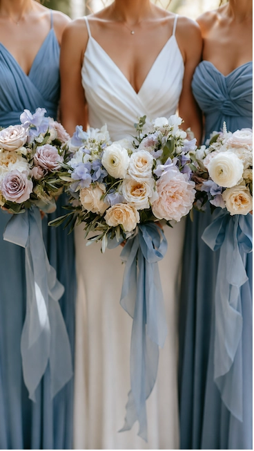 Bride and bridesmaids in dusty blue dresses holding pastel bouquets with flowing blue ribbons in romantic light