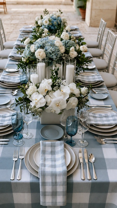 Dusty blue gingham wedding tablescape with orchids, hydrangeas, candles, and layered place settings outdoors