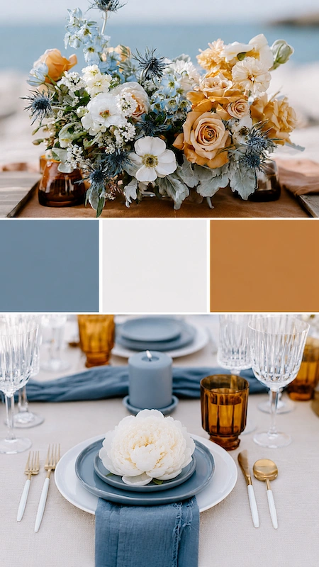 Wedding color palettes: 25 combinations that actually work 8 Dusty blue and golden yellow wedding palette with ranunculus, crystal stemware, and elegant coastal tablescape