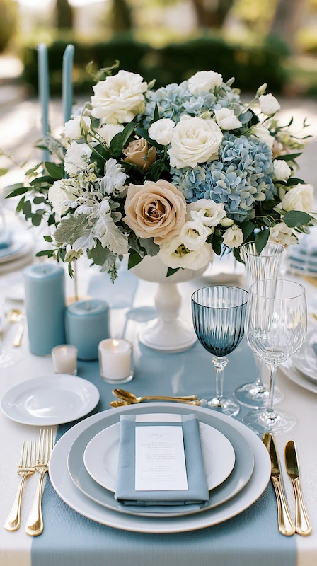 Dusty blue summer wedding tablescape with hydrangeas, ivory roses, blue candles, and gold flatware outdoors