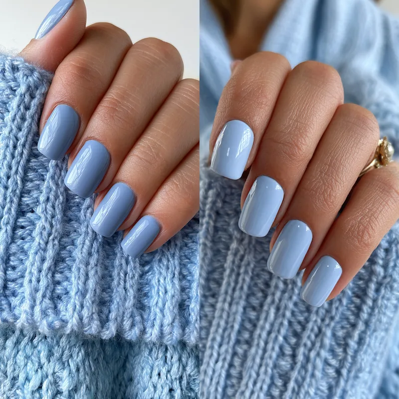 Dusty blue and ice blue nail polish comparison with glossy square nails styled against soft blue knit sweaters