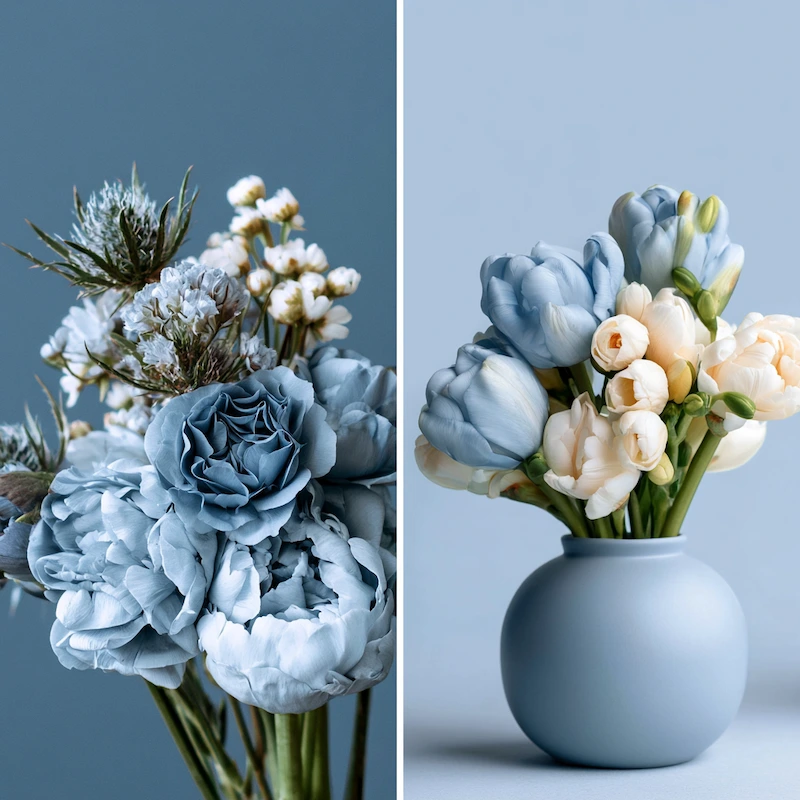Dusty blue and pale blue floral arrangements with roses, tulips, and soft blooms in an elegant color comparison board
