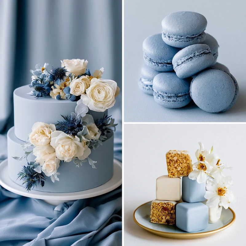 Dusty blue wedding cake, macarons, and desserts styled with ivory florals in a soft powder blue inspiration board