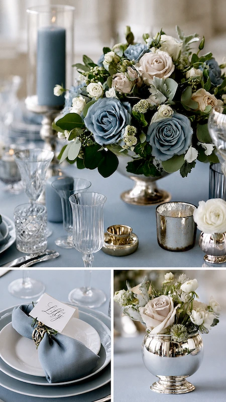 Dusty blue wedding centerpiece with blue roses, silver accents, candles, and elegant place settings in soft neutrals