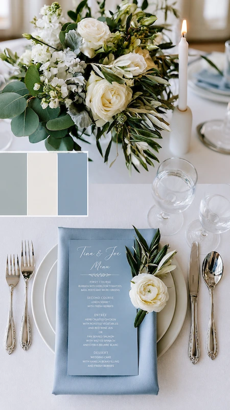 Wedding color palettes: 25 combinations that actually work 5 Dusty blue wedding tablescape with ivory roses, silver flatware, candlelight, and elegant printed dinner menu