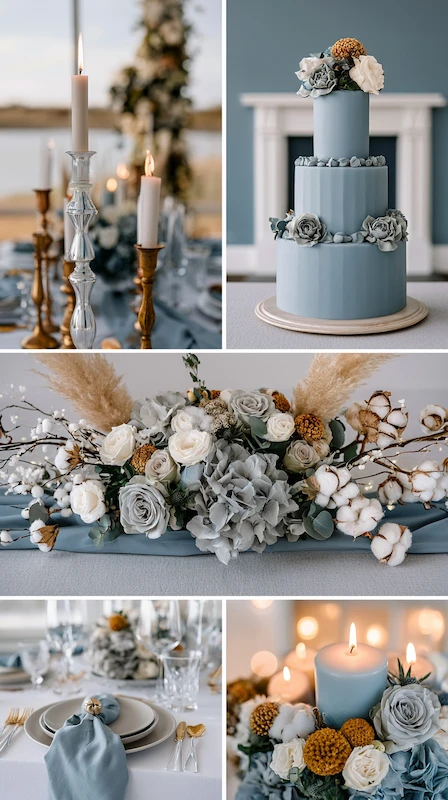 Dusty blue winter wedding inspiration board with floral centerpieces, candles, cake, and soft seasonal styling