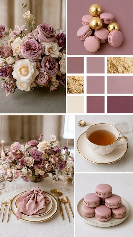 Wedding color palettes: 25 combinations that actually work 9 Dusty mauve wedding inspiration board with roses, blush macarons, gold accents, tea setting, and romantic tablescape