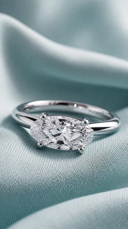 East west oval diamond engagement ring in platinum on pale turquoise silk, close-up with soft folds and luminous sparkle