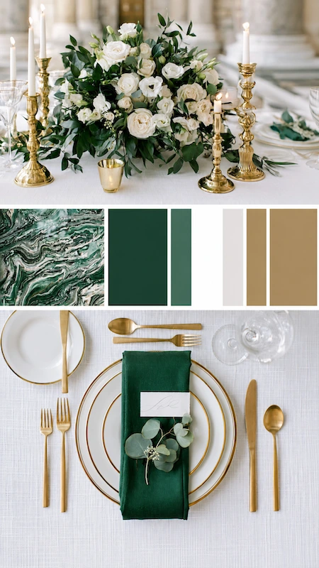 Wedding color palettes: 25 combinations that actually work 24 Emerald green and gold wedding palette with ivory roses, brass candlesticks, marble accents, and luxe place settings