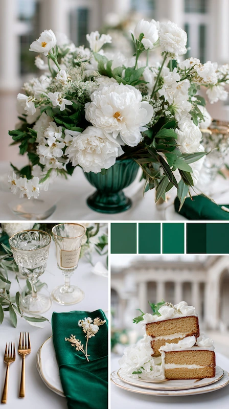 Wedding color palettes: 25 combinations that actually work 12 Emerald green and white wedding palette with peonies, gold accents, elegant tablescape, and layered cake display
