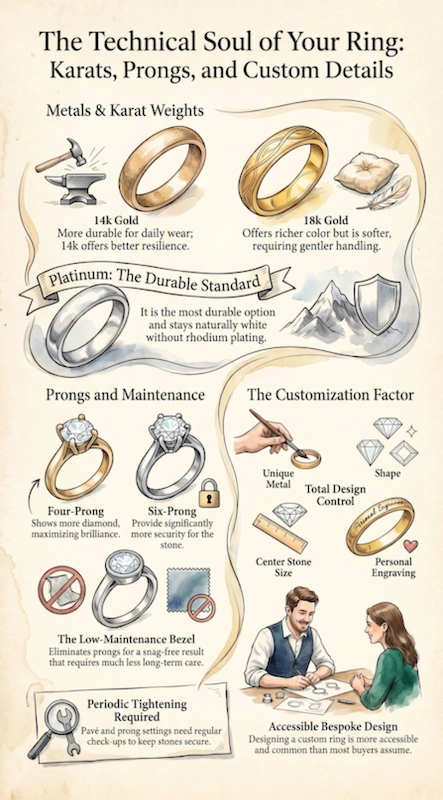 Infographic on engagement ring details showing karats, metals, prongs, bezel settings, and customization options for buyers