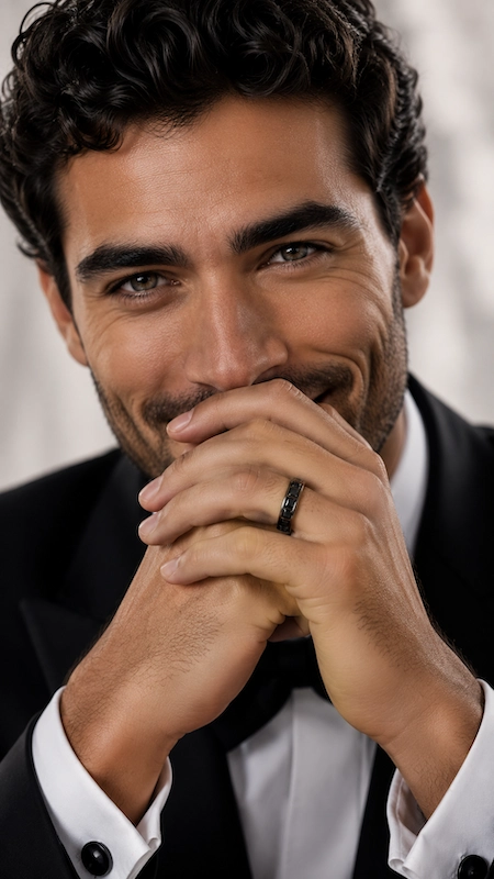Smiling groom in black tuxedo wearing a sleek black diamond wedding band in an elegant close-up portrait shot